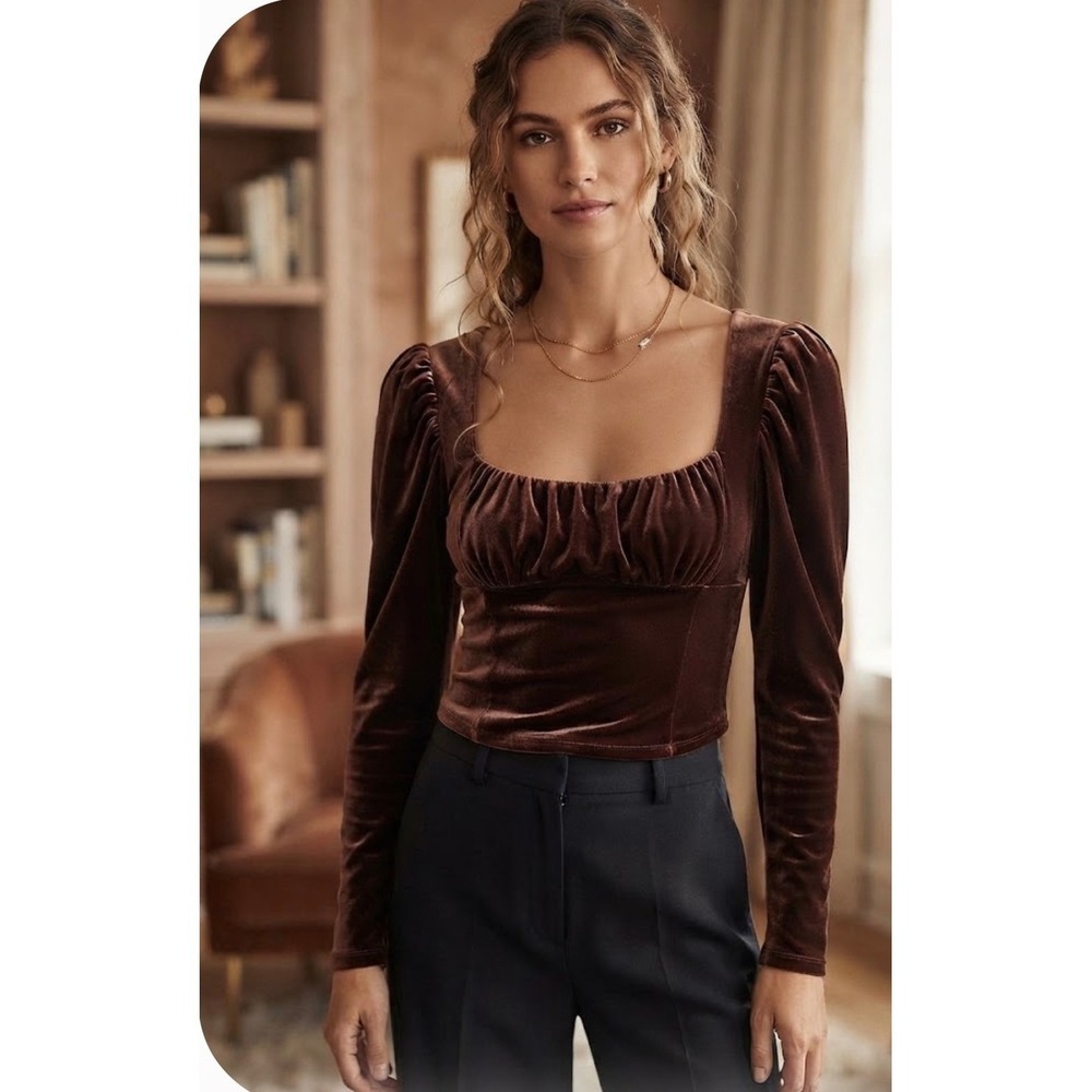 Free People Women's Brown Long Sleeve Hold Me Velvet Puff Sleeve Sz Medium NWT
